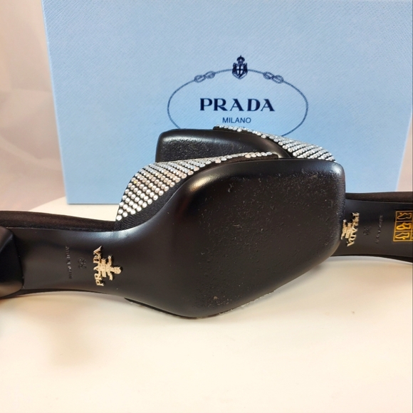 NWT$1,650 PRADA Satin Crystal Open Toe Logo Embellished Slides Mules Sz 39 - Picture 15 of 17
